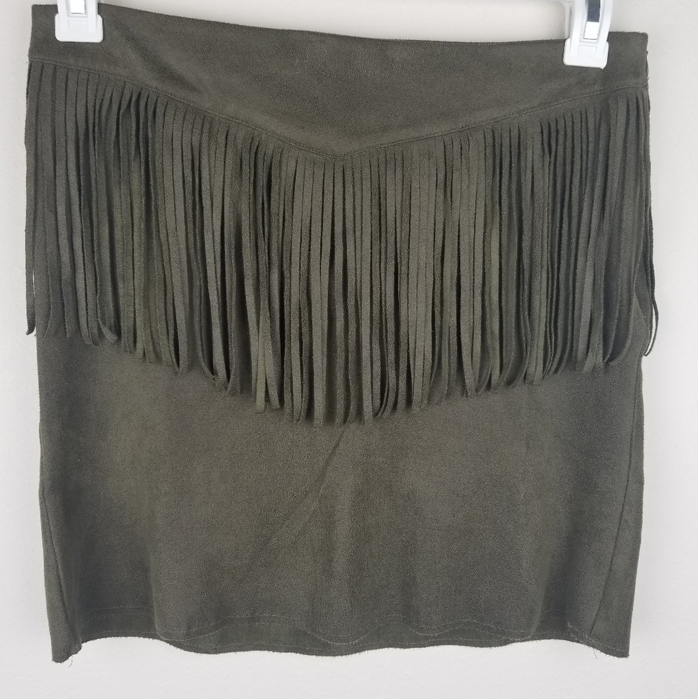 Bcnu Large Suede Olive Green fringed mini skirt